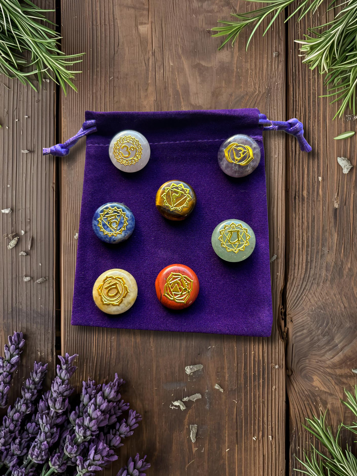 Pierres 7 chakras avec symboles